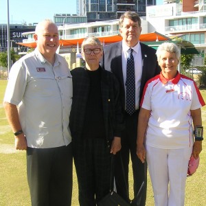 Opening Ceremony L-R Bruce McAlister, QLD Director of Gateball, Judy Fowler, Greg Fowler and Barbara Northcott, President of Southport 