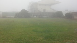 Hard to see the Grandstand through the fog